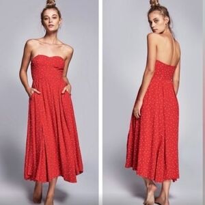 Free People Red Strapless Bella Donna Polka Dot Midi Dress, Pockets, NWT, Size 6